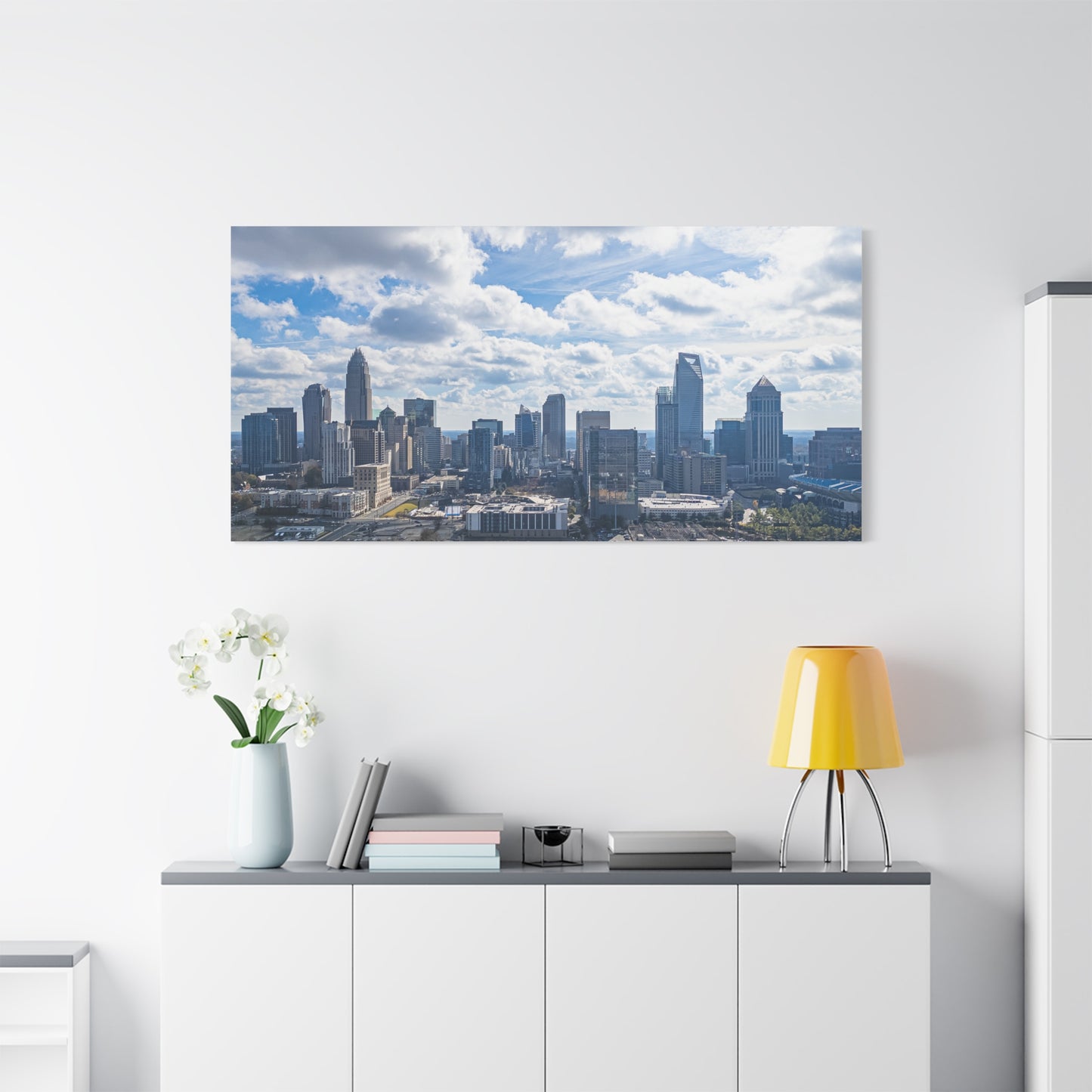 Charlotte Skyline Canvas — Uptown Skyline Under Clouds